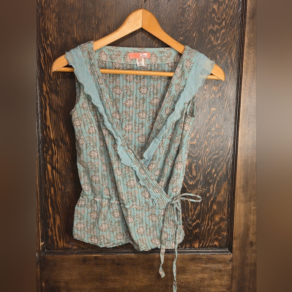Anthropologie Lux Blue/Sage/Pink Floral Wrap Blouse Sz XS